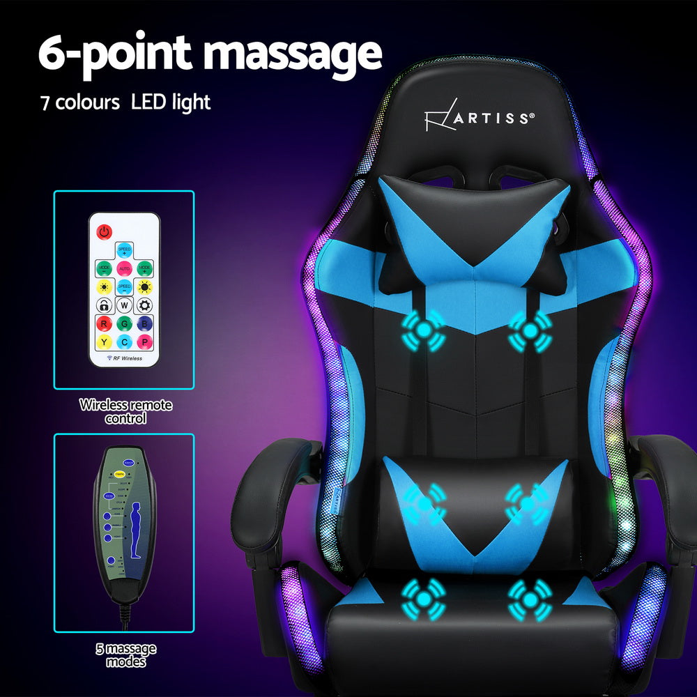 6-point massage 7 colours LED light infographic showing RF remote and wired controller for black blue chair