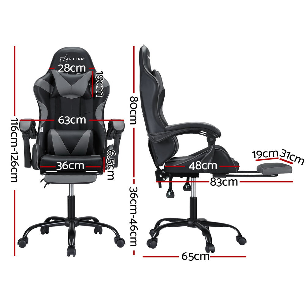 Dimension chart for Artiss black grey gaming chair showing 63cm wide 36cm seat 80cm back 65cm base 36-46cm height