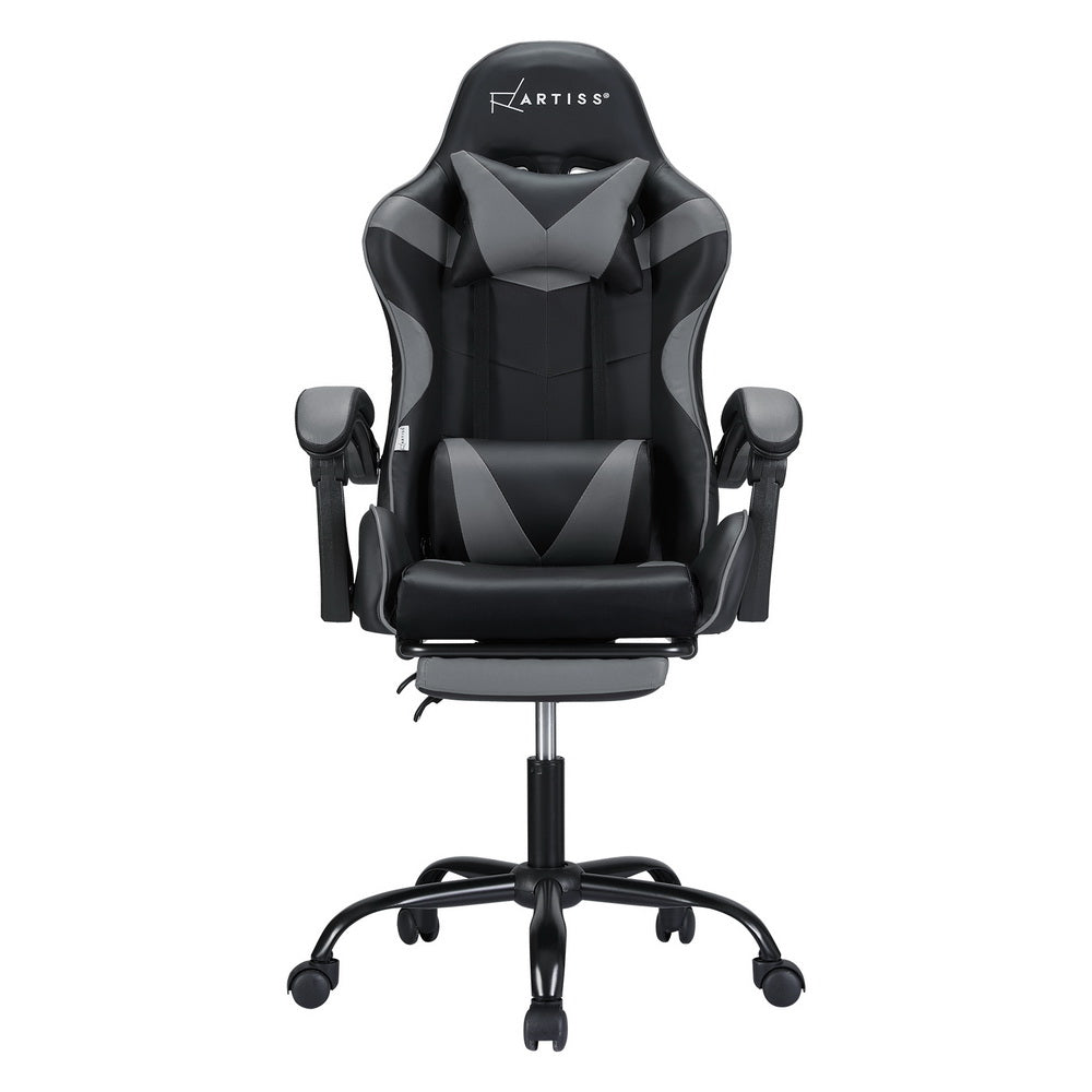 Artiss black and grey massage gaming chair front view with headrest pillow and lumbar cushion on white
