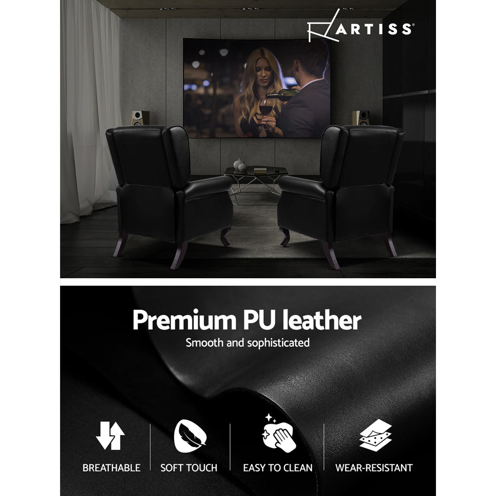 Artiss black PU leather recliner pair in home theatre and leather texture close-up, Breathable, Soft Touch, Easy to Clean