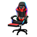 Artiss black and red LED massage gaming chair angled view with footrest extended and RGB lighting active