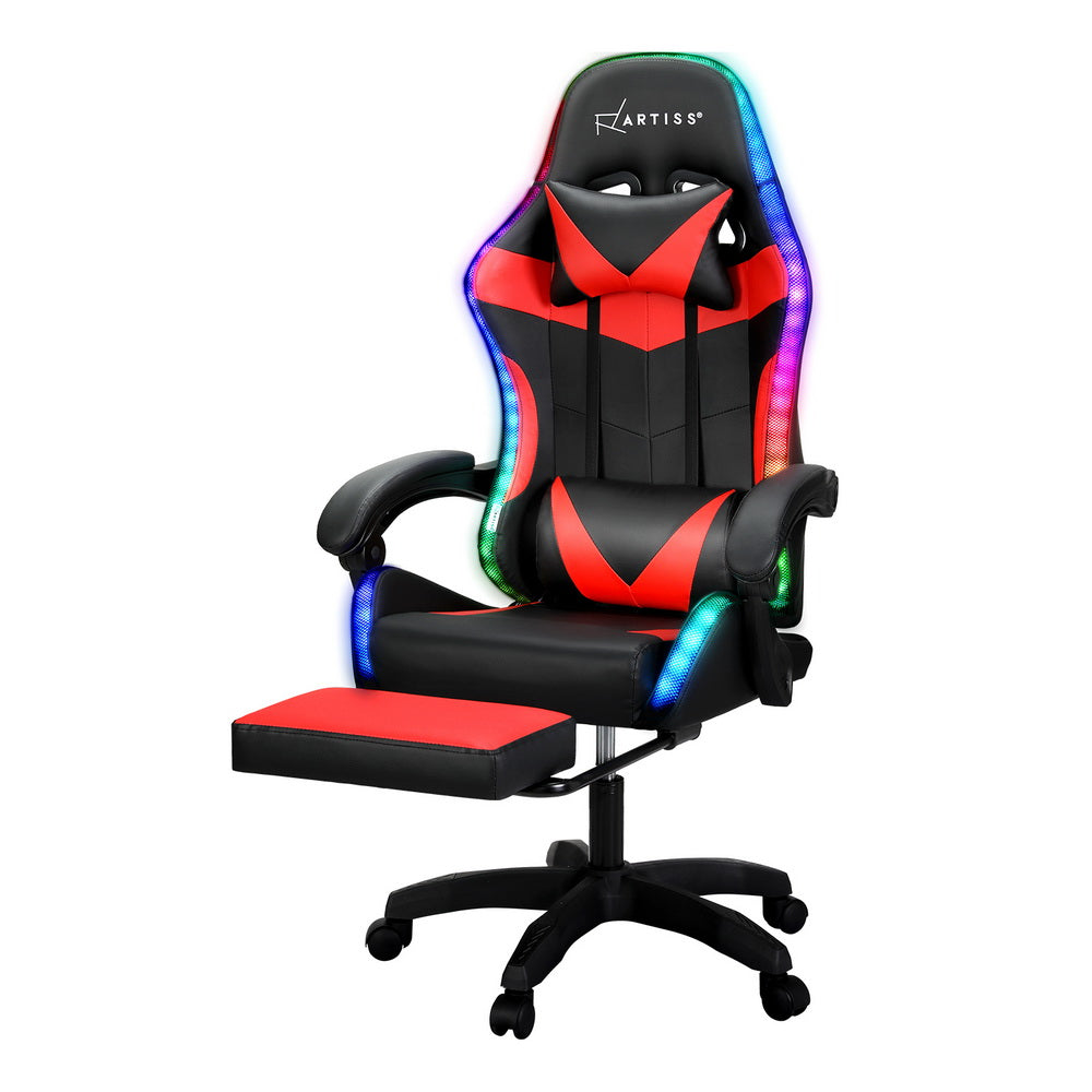 Artiss black and red LED massage gaming chair angled view with footrest extended and RGB lighting active