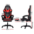Dimension chart for Artiss black red LED gaming chair showing 65cm wide 40cm seat 85cm back 64cm base