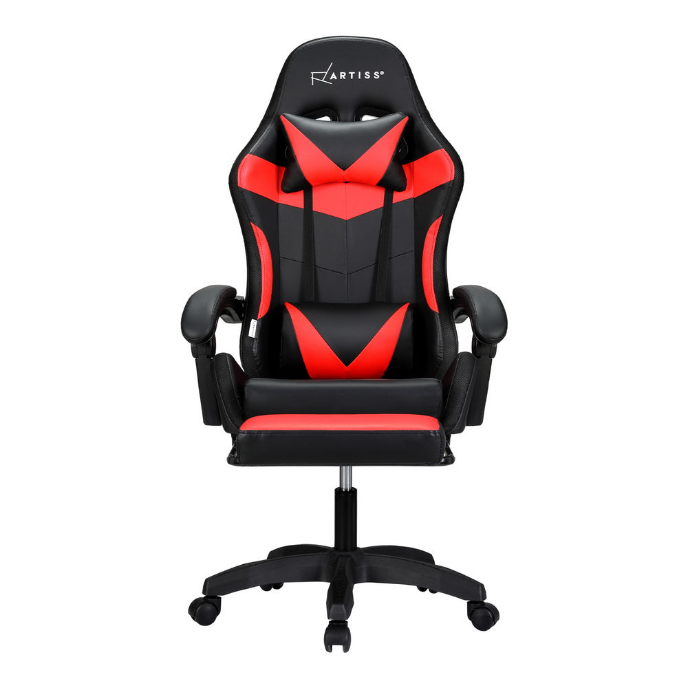 Artiss black and red LED massage gaming chair front view with headrest pillow and lumbar cushion