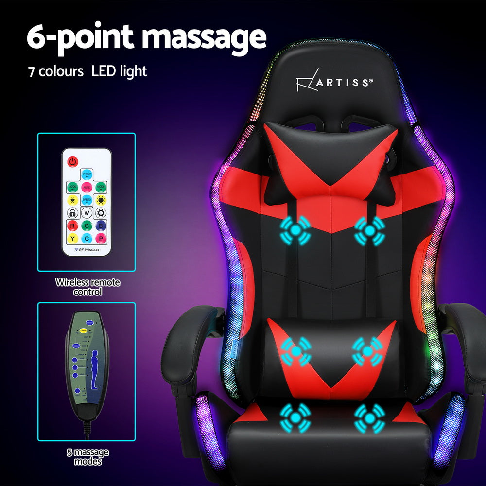 6-point massage 7 colours LED light infographic showing RF remote and wired controller for black red chair