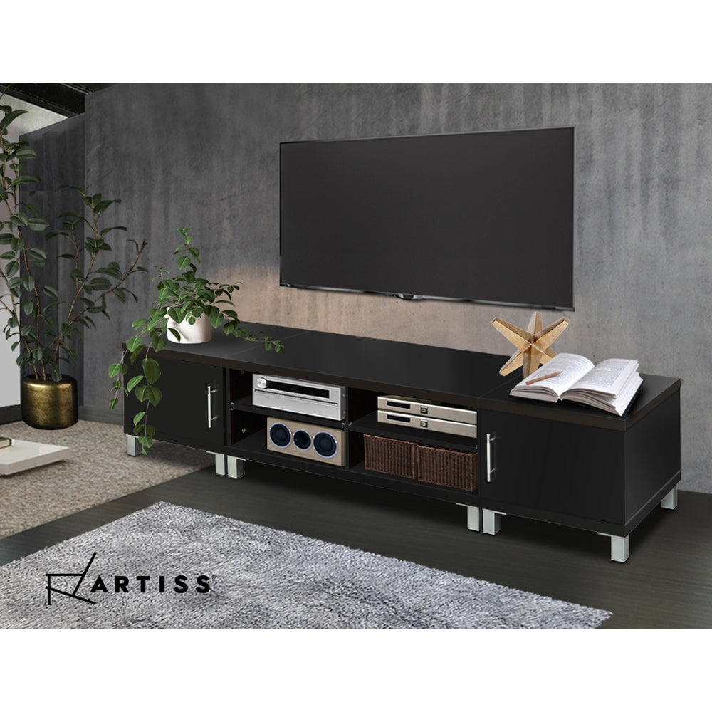 Artiss black TV unit 190cm lifestyle in dark grey concrete room with plant AV equipment and Artiss logo