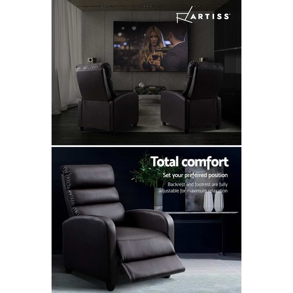 Artiss brown leather recliner: pair in home theatre (top), single in dark lifestyle room with text Total comfort (bottom)
