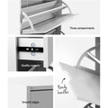 Artiss flip shoe cabinet detail grid showing three compartments, quality runners, smooth edges and handy handles