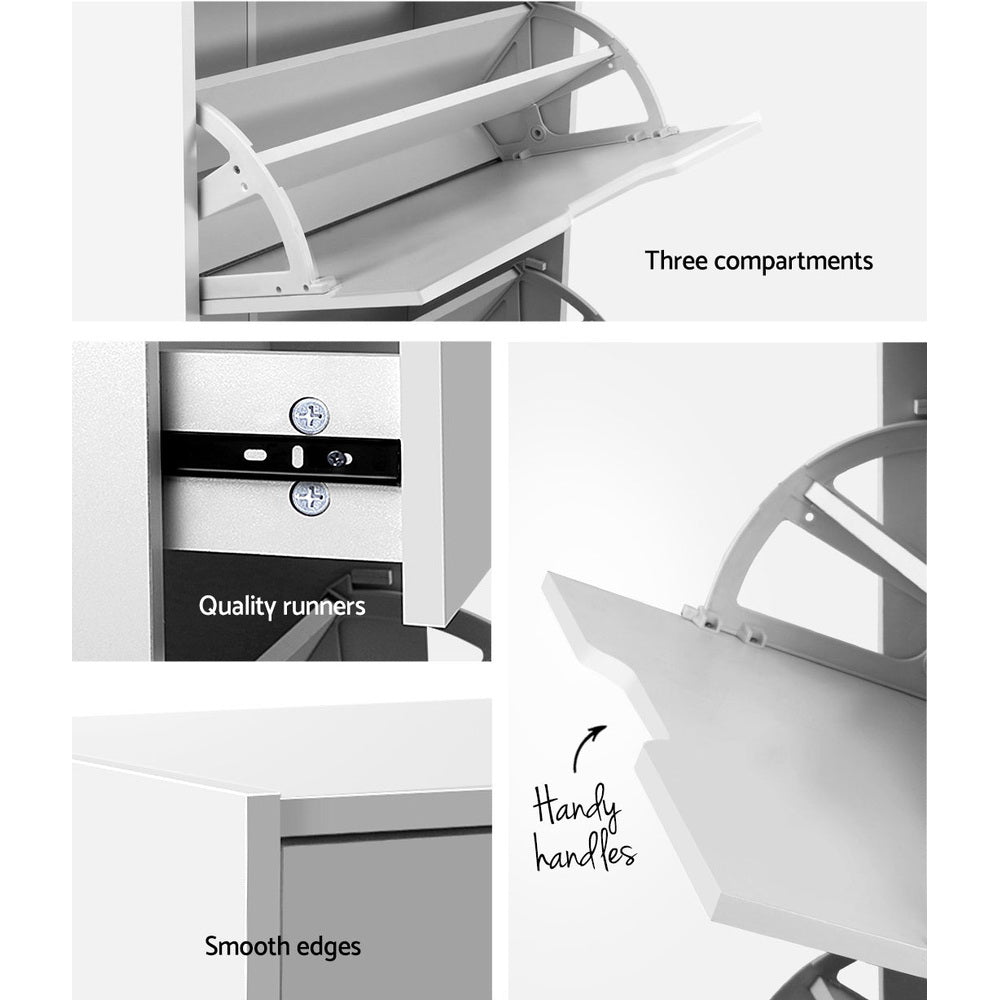 Artiss flip shoe cabinet detail grid showing three compartments, quality runners, smooth edges and handy handles