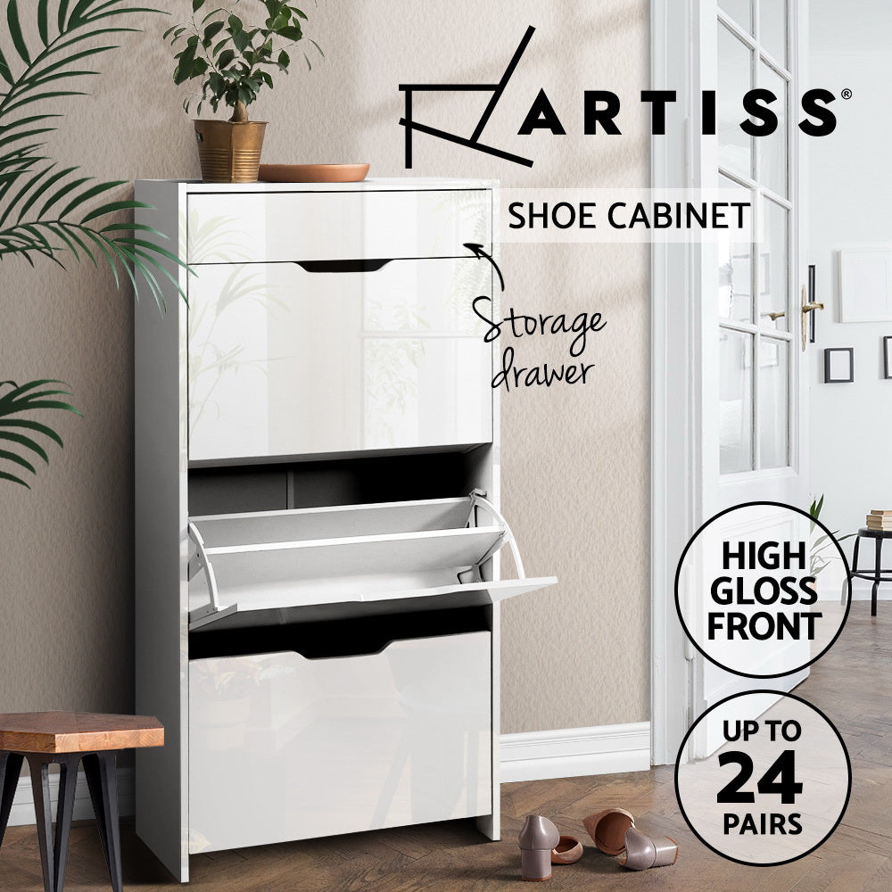 Artiss white gloss flip shoe cabinet callout showing storage drawer, high gloss front and 24 pairs capacity