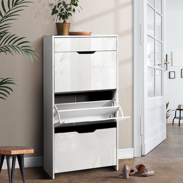 Artiss white gloss flip-down shoe cabinet in hallway with middle compartment door open, plant on top