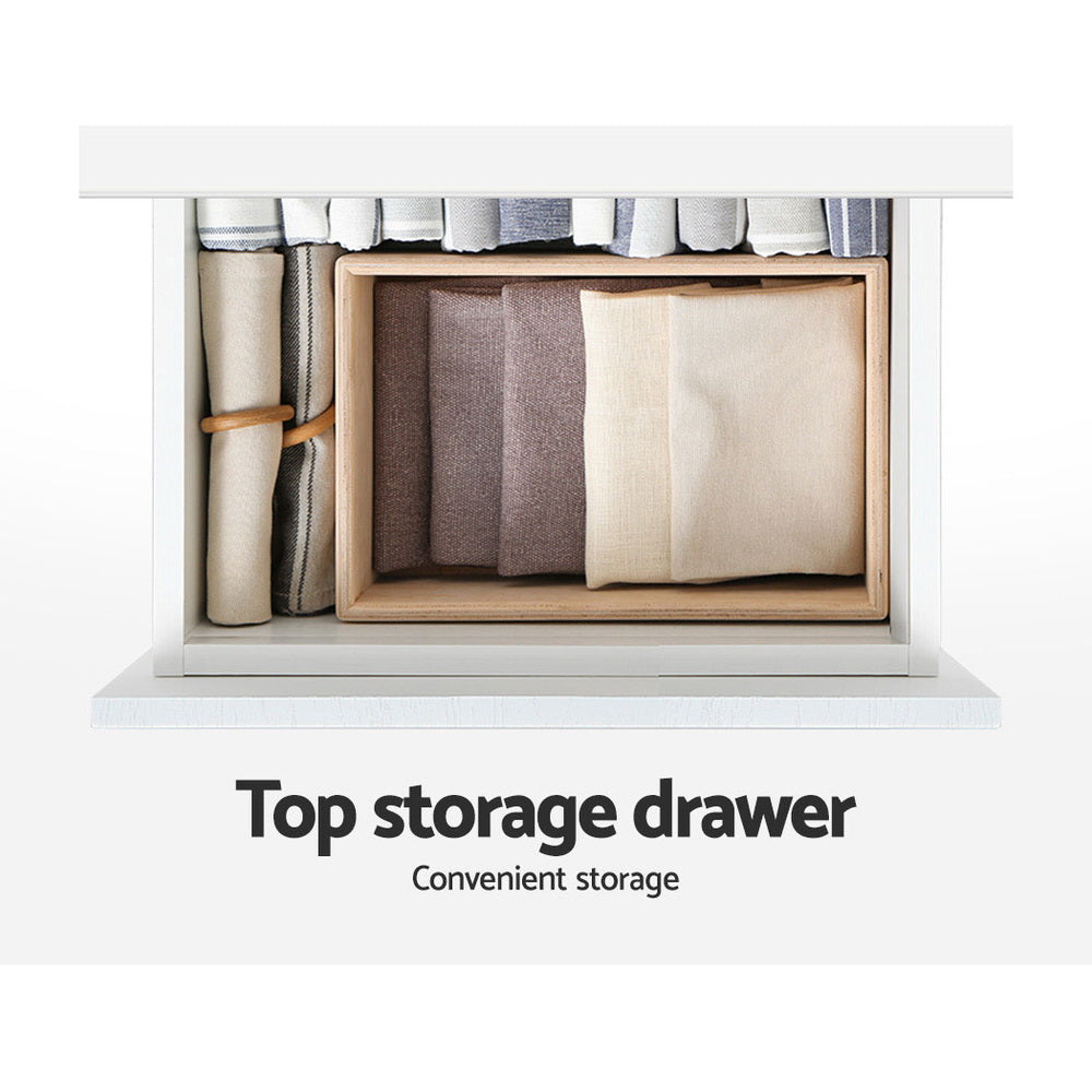 Artiss gloss shoe cabinet top drawer open showing folded linens and fabric items inside