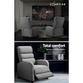 Artiss grey fabric recliners in home theatre room (top) and single recliner with extended footrest, text: Total comfort