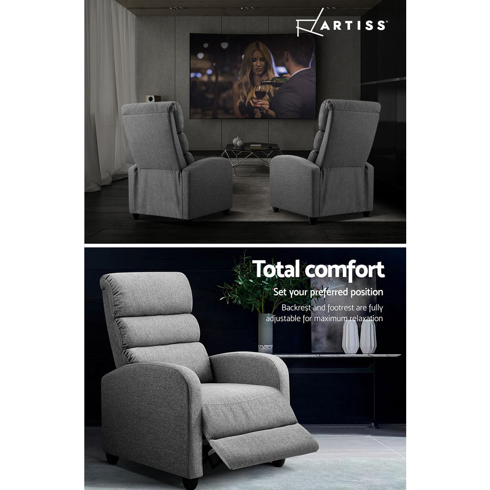 Artiss grey fabric recliners in home theatre room (top) and single recliner with extended footrest, text: Total comfort
