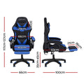 Artiss cobalt blue LED gaming chair dimensions: 66cm wide, 117-127cm tall, 40cm seat, footrest 21x36cm, 35-45cm seat height