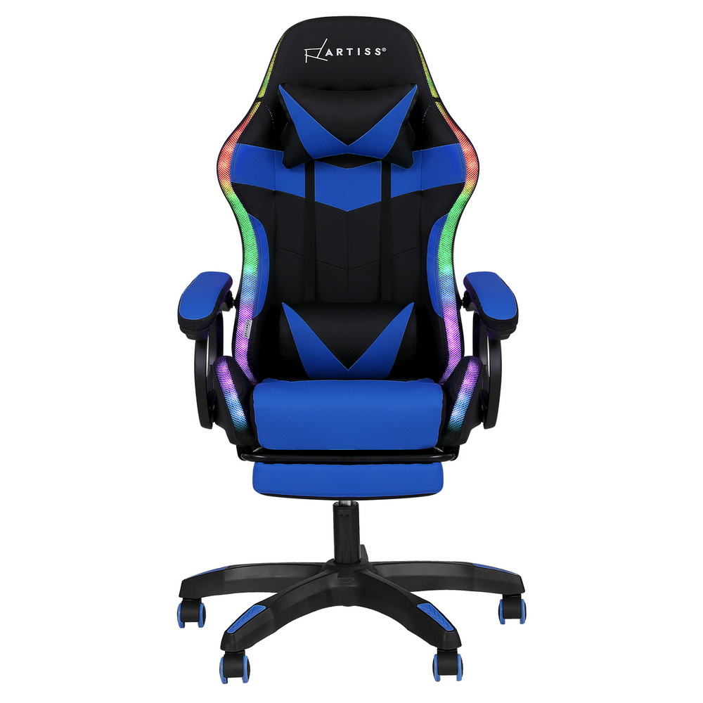 Artiss cobalt blue gaming chair front view on white background showing neck pillow, lumbar cushion and retracted footrest