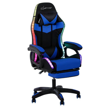 Artiss cobalt blue LED gaming chair with RGB strip lighting, footrest extended, neck and lumbar pillows, angle view on white