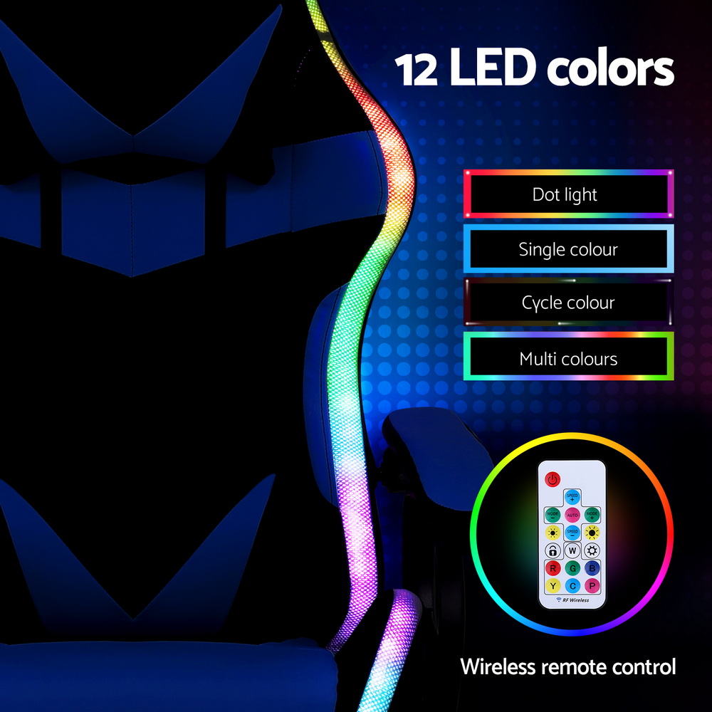 Artiss cobalt blue gaming chair 12 LED colors side strip: dot, single, cycle and multi-colour modes, wireless RF remote