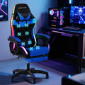 Artiss cobalt blue LED gaming chair in gaming room with RGB PC and dual monitors, 8-point massage zones visible