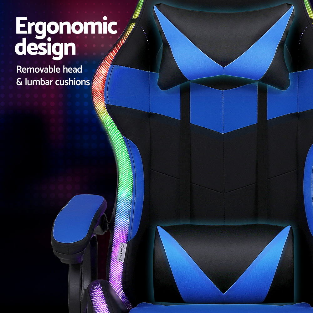 Artiss cobalt blue LED gaming chair back close-up showing removable lumbar cushion V-pattern and RGB strip edge lighting