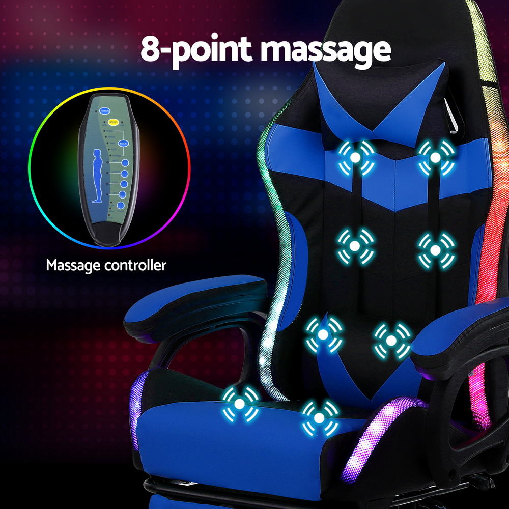 Artiss cobalt blue gaming chair 8-point massage infographic with eight zones on back and seat, massage controller shown
