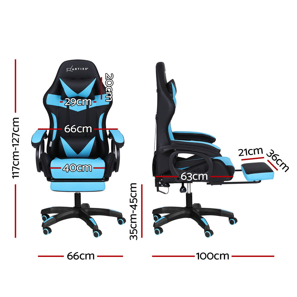Artiss light blue LED gaming chair with RGB strip lighting, footrest extended, neck and lumbar pillows, angle view on white