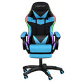 Artiss light blue gaming chair front view on white background with neck pillow, lumbar cushion and footrest visible