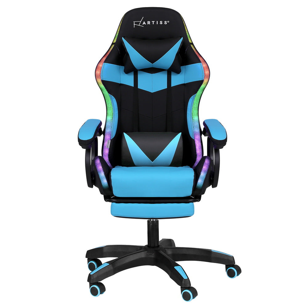 Artiss light blue gaming chair front view on white background with neck pillow, lumbar cushion and footrest visible