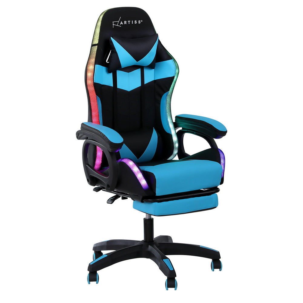 Artiss light blue LED gaming chair with RGB strip lighting, footrest extended, neck and lumbar pillows, angle view on white