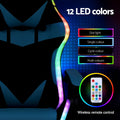 Artiss gaming chair 12 LED colors side strip infographic: dot, single, cycle, multi-colour modes, wireless RF remote control