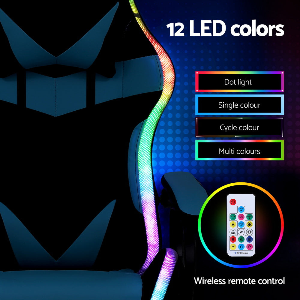 Artiss gaming chair 12 LED colors side strip infographic: dot, single, cycle, multi-colour modes, wireless RF remote control