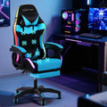 Artiss light blue LED gaming chair in gaming room setup with RGB PC build, dual monitors, keyboard, massage dots visible