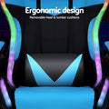Artiss light blue LED gaming chair back close-up showing removable lumbar cushion with V-pattern cyan and black design