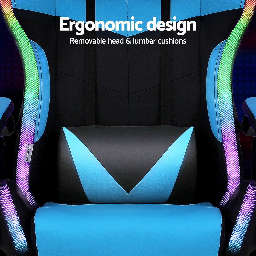 Artiss light blue LED gaming chair back close-up showing removable lumbar cushion with V-pattern cyan and black design