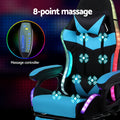 Artiss light blue gaming chair 8-point massage infographic with eight zones on back and seat, massage controller shown