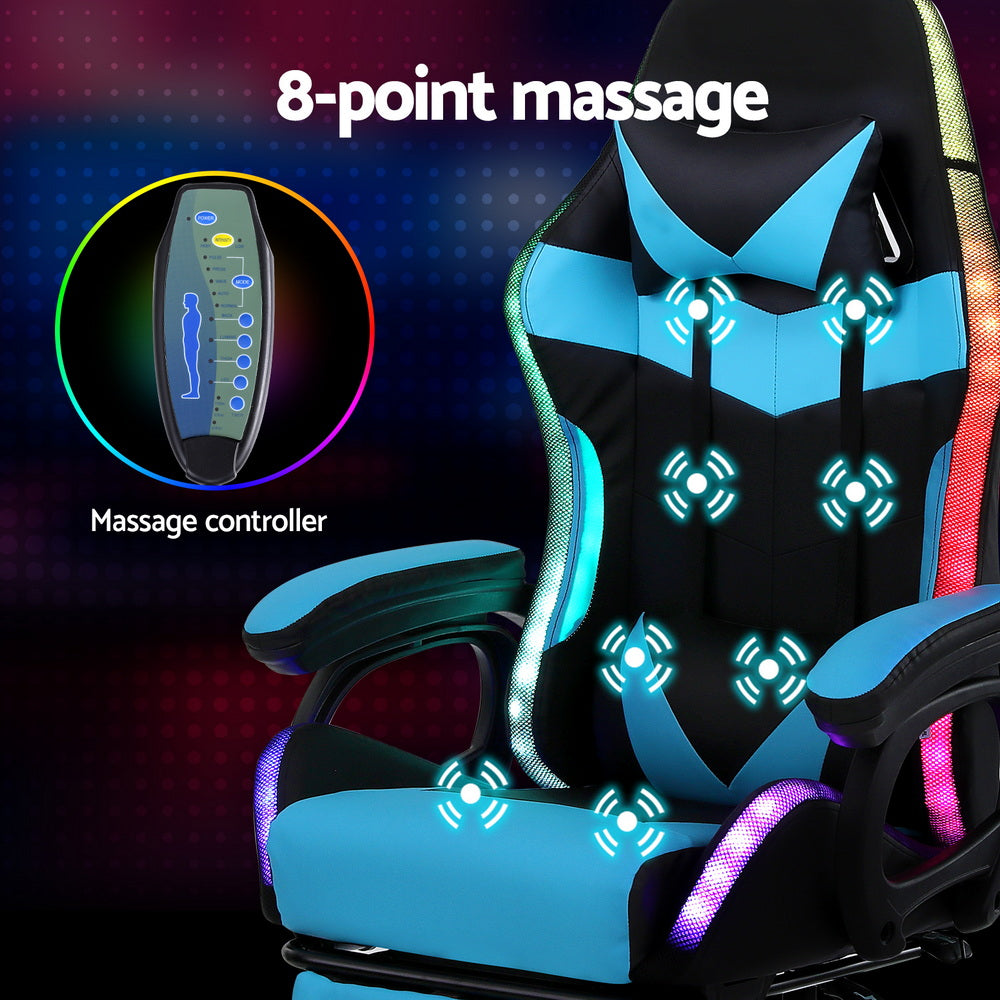 Artiss light blue gaming chair 8-point massage infographic with eight zones on back and seat, massage controller shown