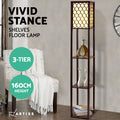 Artiss brown lattice shelves floor lamp feature graphic showing 3-tier design and 160cm height with decorative shelves