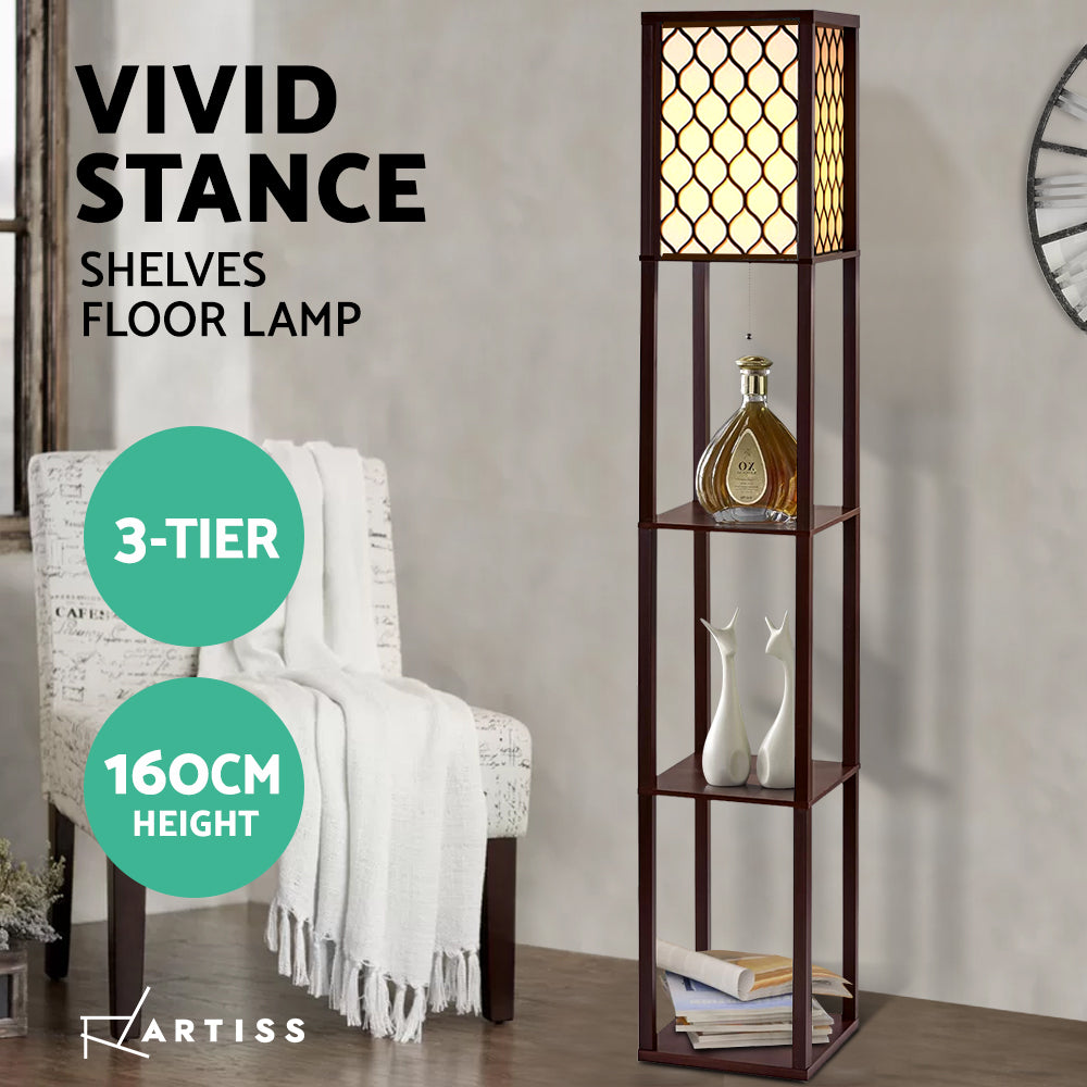 Artiss brown lattice shelves floor lamp feature graphic showing 3-tier design and 160cm height with decorative shelves