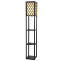 Black shelf floor lamp with lattice-patterned shade lit on white background, three open shelves and pull-chain switch