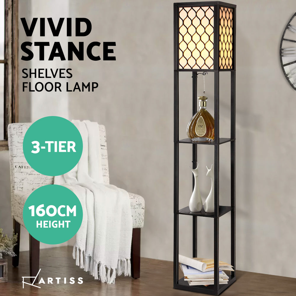 Artiss black lattice shelf floor lamp in living room, shelves with bottle and figurines, text 3-Tier 160cm Height