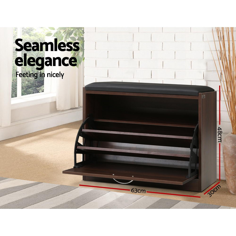 Artiss walnut shoe bench with flip-down door open showing empty adjustable shelves 63cm wide 30cm deep in lifestyle setting