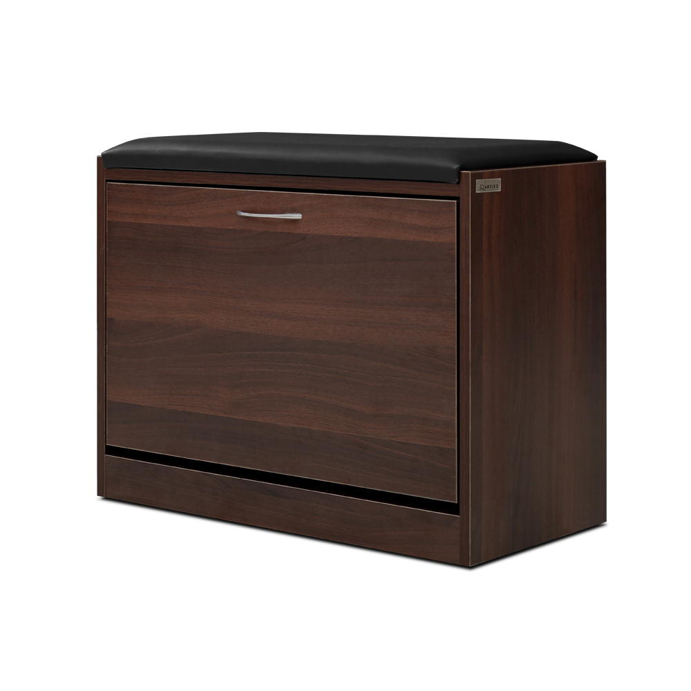 Artiss walnut shoe bench with black PU cushion closed flip-down door and chrome bar handle on white background