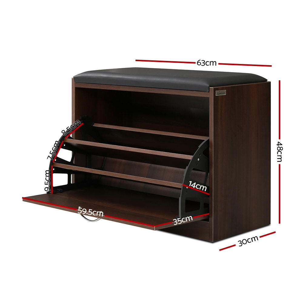Artiss walnut shoe bench with black PU cushion and open flip-down door showing three shelves with shoes