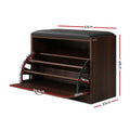 Artiss walnut shoe bench dimensions 63cm wide 48cm tall 30cm deep with three adjustable shelves and flip-down door