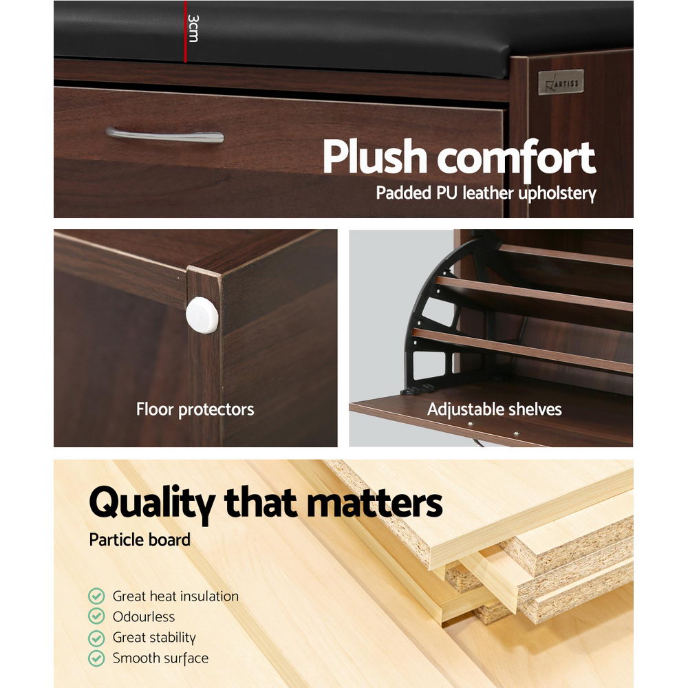 Artiss walnut shoe bench features showing PU leather cushion floor protectors adjustable shelves and particle board