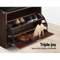 Artiss walnut shoe bench shelf detail showing three tiers with shoes and dimensions 8.5cm 7.5cm 9.5cm spacing up to 15 pairs