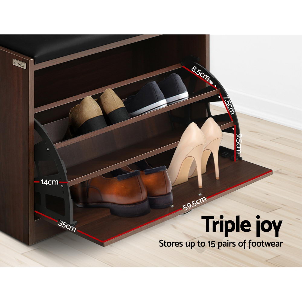Artiss walnut shoe bench shelf detail showing three tiers with shoes and dimensions 8.5cm 7.5cm 9.5cm spacing up to 15 pairs
