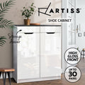 Artiss shoe cabinet lifestyle shot with brand logo high gloss front badge and 30 pairs capacity text in hallway