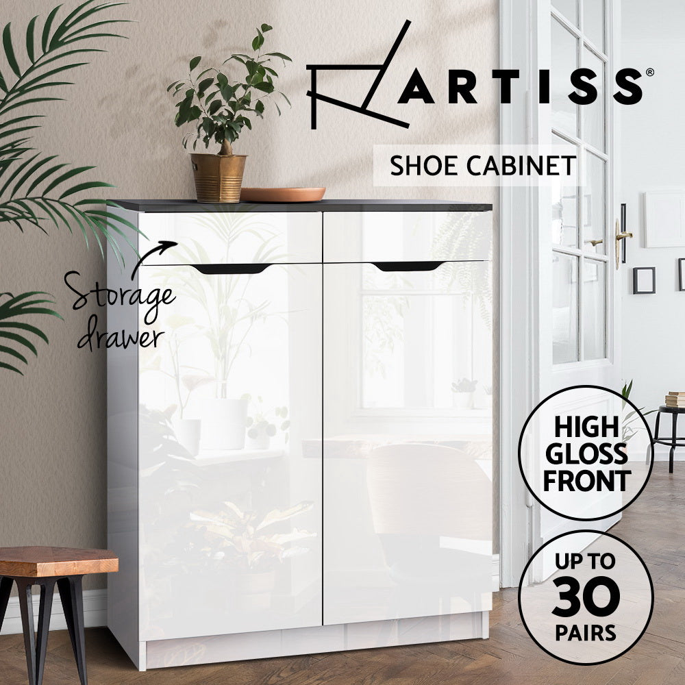 Artiss shoe cabinet lifestyle shot with brand logo high gloss front badge and 30 pairs capacity text in hallway