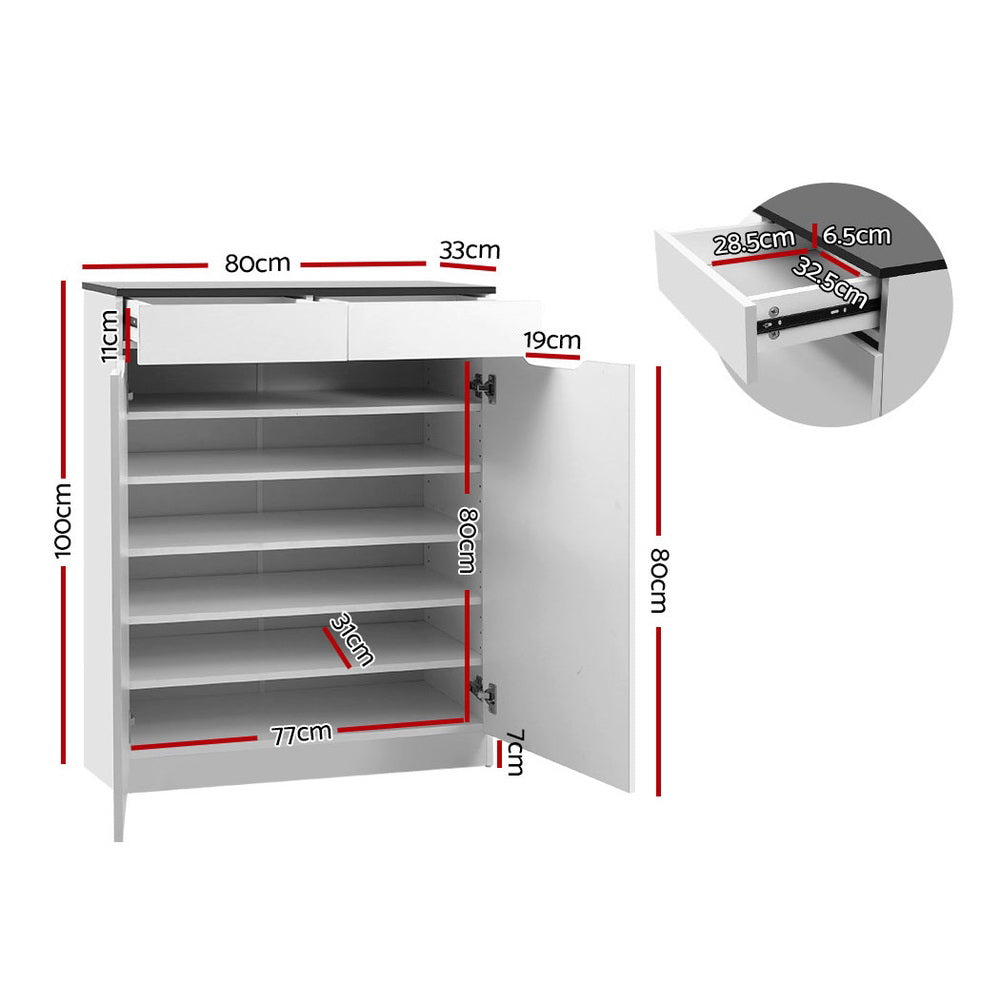 Artiss shoe cabinet dimension diagram doors open showing 80cm width 100cm height 77cm interior with inset detail